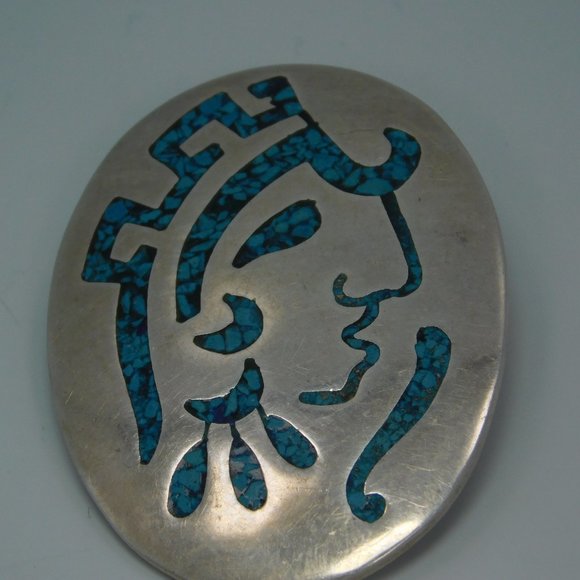 Mexican Taxco Turquoise Warrior Face Brooch/Pendant Sterling Silver - Picture 2 of 4